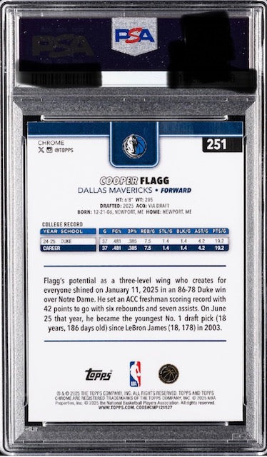 2025 Topps Chrome Cooper Flagg Negative Refractor PSA 10