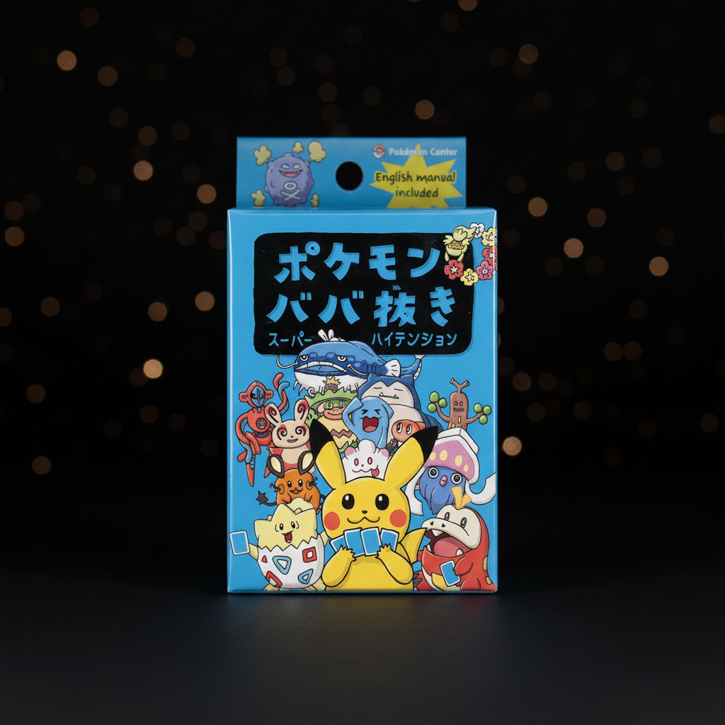 Pokemon Center Babanuki Super High Tension Old Maid Playing Card Deck with dark starry bokeh background