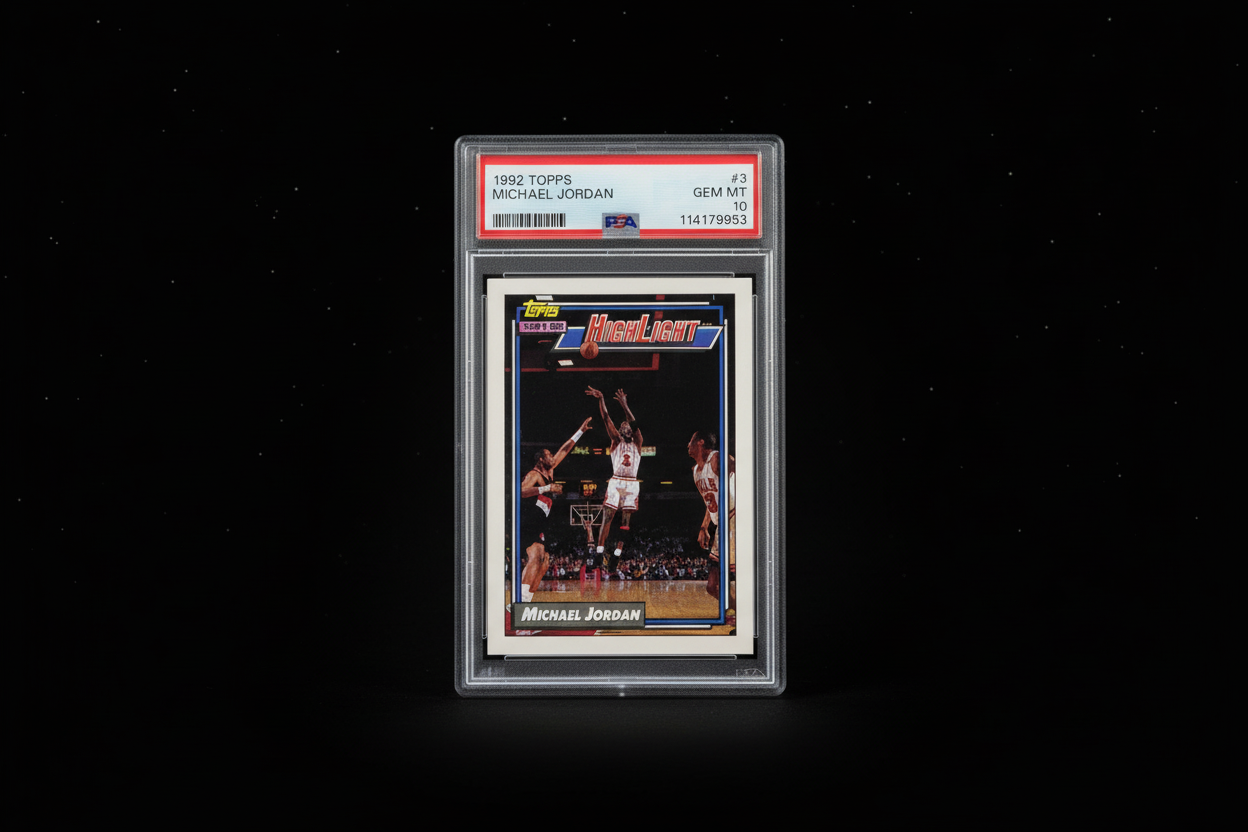 1992 Topps Michael Jordan #3 PSA GEM MT 10 graded card on dark starry background